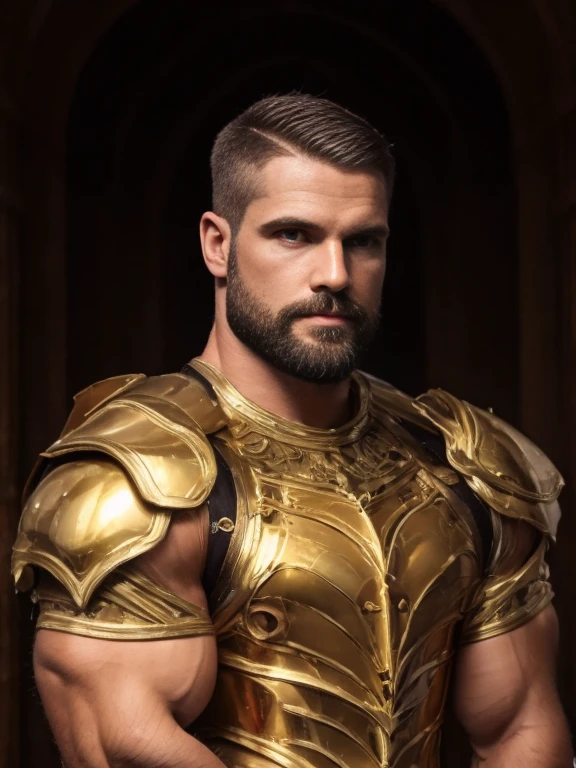 Handsome white man in golden armour, golden chestplate, 30 years old, bodybuilder, gold armour, red clothing under armour (front view:1.2), still pose, short beard, serious face, buzzcut, well-framed, Florian, (human:1.7)