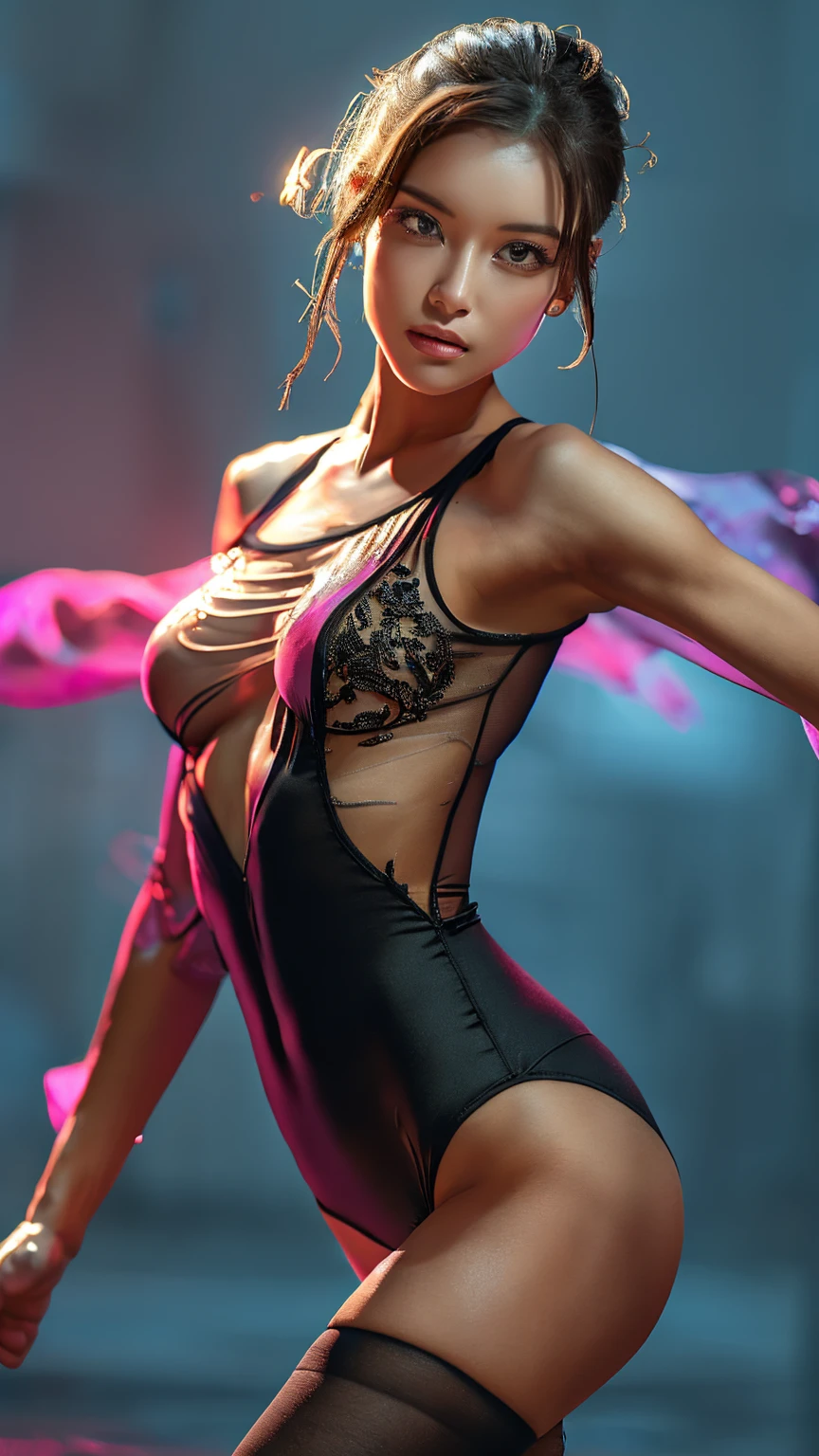 the Extremely Detailed CG Unity 8K Wallpapers, extremely delicate and beautiful, a stunningly, finely detail, Official art, absurderes, incredibly absurdness,  ultra-detailliert,Light on the Face,looking at the viewers, (Perfect female figure), Slim waist, full body Esbian,  is standing, bare arm, bangss, (Best Quality, 4K, masutepiece: 1.3), Beautiful Japan Alafed Woman、２５years old、Hyper-realistic, 1girl in,hyperdetailed face,Detailed lips, Detailed eyes,double eyelid, (Beautiful detailed lips),Sexy face、light brown hair、Medium Hair、(Attractive body: 1.2), (thin waist:1.1)、floated hair、((solo))、 half laugh , Castle Ball background, looking at the viewers,big breasts thin waist,movie lighting, ((leotard, (see-through))), Dancing