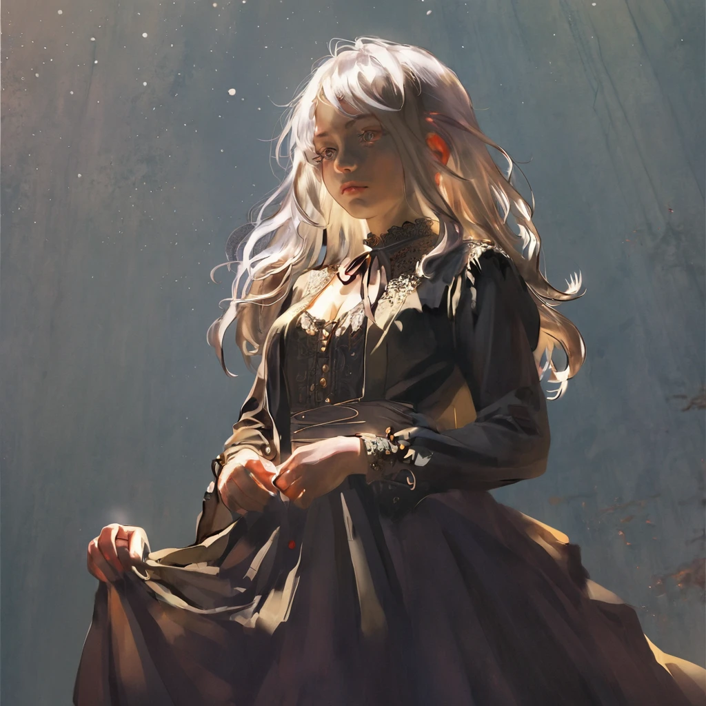 score_9, score_8_up, score_7_up, score_6_up, score_5_up, score_4_up, fkey70, h3l3n, masterpiece, best quality, high quality, hyperrealistic anime painting, anime painting, loose long hair, black background, dramatic diagonal lighting, painterly, realistic painting, soft feature, detailed clothes, detailed, rembrandt lighting, solo, 1girl, dress lift, white hair, black dress, long sleeves, cleavage 
