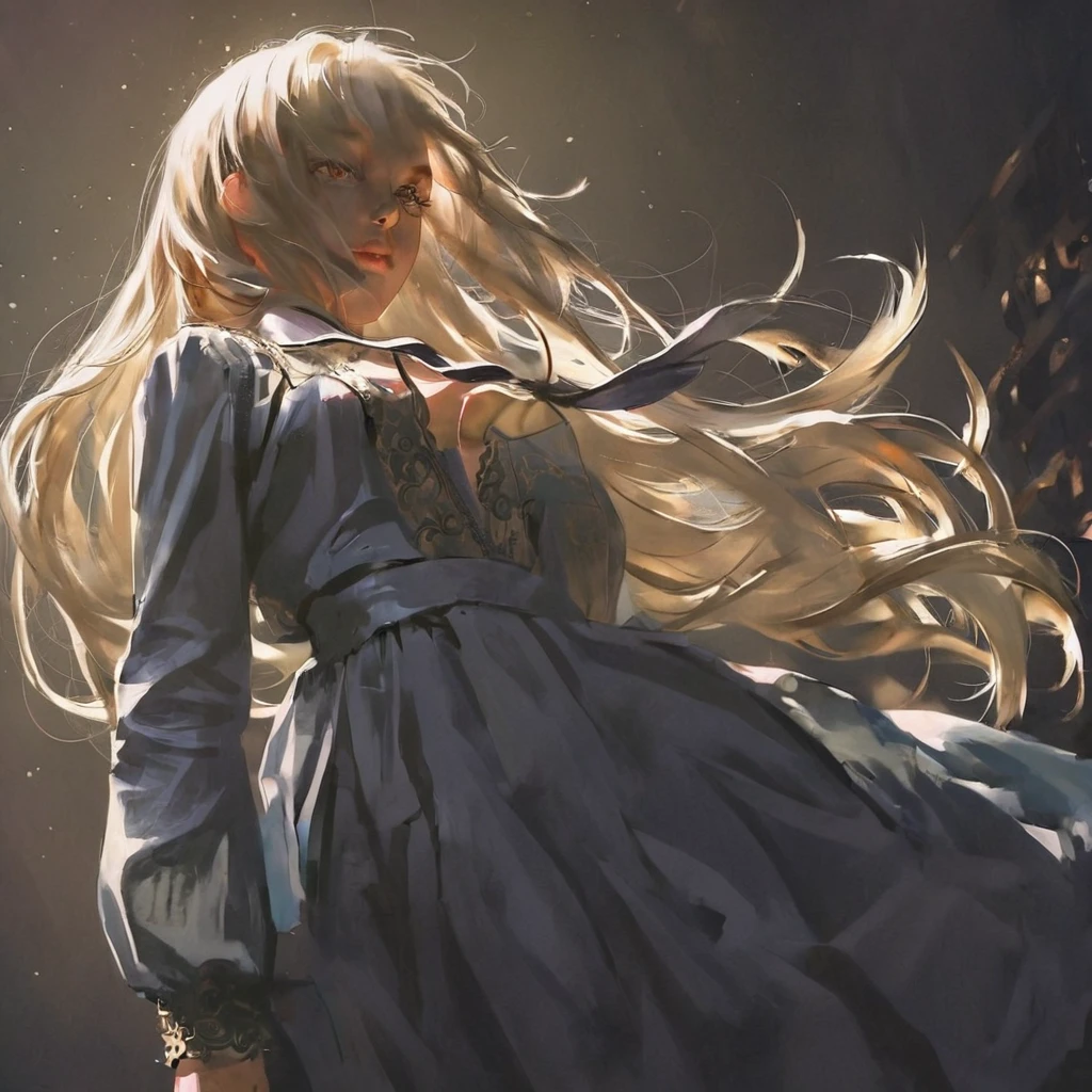 score_9, score_8_up, score_7_up, score_6_up, score_5_up, score_4_up, fkey70, h3l3n, masterpiece, best quality, high quality, hyperrealistic anime painting, anime painting, loose long hair, black background, dramatic diagonal lighting, painterly, realistic painting, soft feature, detailed clothes, detailed, rembrandt lighting, solo, 1girl, dress lift, white hair, black dress, long sleeves, cleavage 
