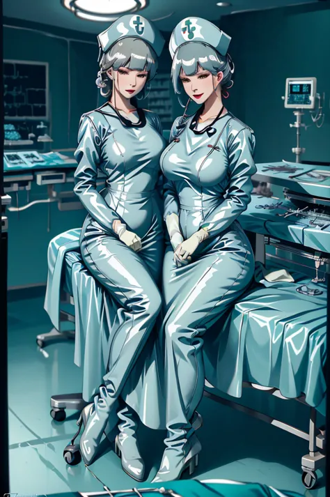 nurse uniform,hospital, latex nurse suit,nurses,busty,elbow gloves,labcoat,grey hair woman,red eyes , gigantic ,medical instrume...