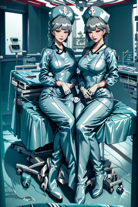 nurse uniform,hospital, latex nurse suit,nurses,busty,elbow gloves,labcoat,grey hair woman,red eyes , gigantic ,medical instrume...