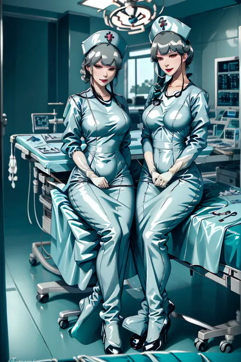 nurse uniform,hospital, latex nurse suit,nurses,busty,elbow gloves,labcoat,grey hair woman,red eyes , gigantic ,medical instrume...