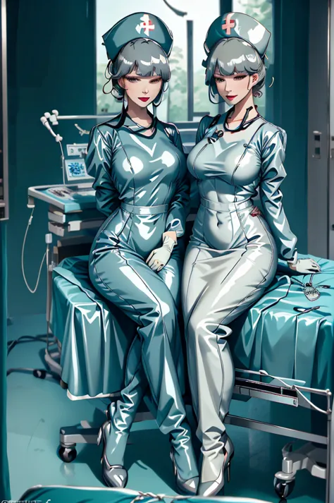 nurse uniform,hospital, latex nurse suit,nurses,busty,elbow gloves,labcoat,grey hair woman,red eyes , gigantic ,medical instrume...