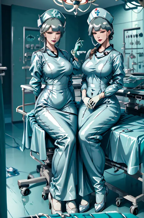 nurse uniform,hospital, latex nurse suit,nurses,busty,elbow gloves,labcoat,grey hair woman,red eyes , gigantic ,medical instrume...