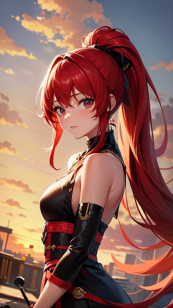 (Highest quality,High resolution,Very detailed,girl),Red hair,ponytail,Height: 150cm,cute,Black Eye,I&#39;m wearing a red skirt,Her eyes are white and shining,Has bright white eyes,Has an embarrassed look on his face,