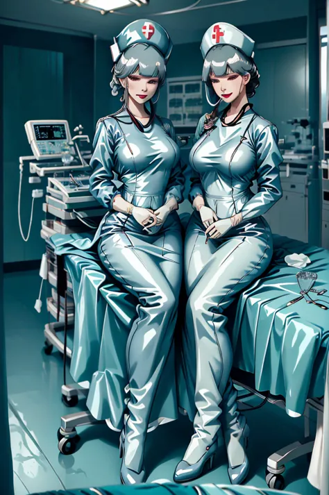 nurse uniform,hospital, latex nurse suit,nurses,busty,elbow gloves,labcoat,grey hair woman,red eyes , gigantic ,medical instrume...