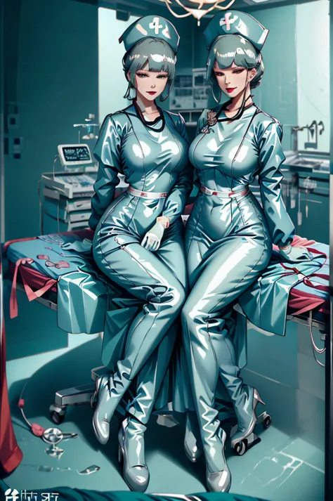 nurse uniform,hospital, latex nurse suit,nurses,busty,elbow gloves,labcoat,grey hair woman,red eyes , gigantic ,medical instrume...