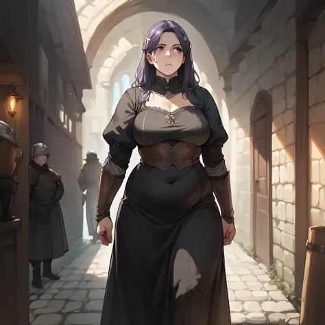 adult woman, plump, black dress, medieval fantasy, standing, looking straight ahead