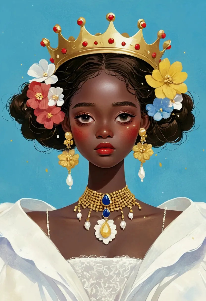 illustration：1 girl，dark skin，flower earrings，golden crown，white exaggerated dress，exaggerated sleeves，fluffy white yarn，blue ba...