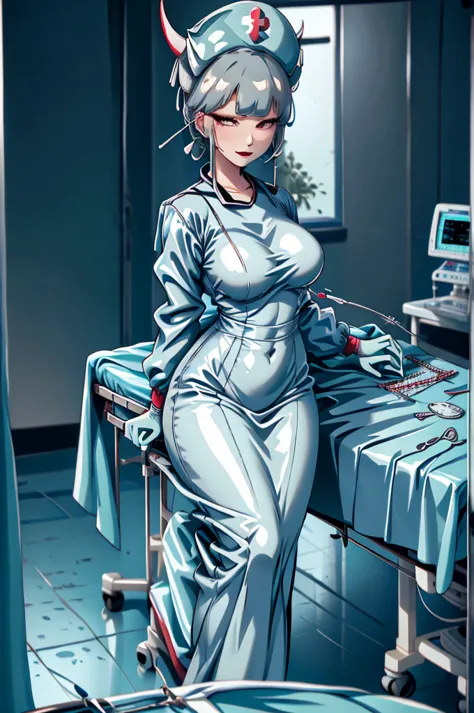 nurse uniform,hospital, latex nurse suit,nurses,busty,elbow gloves,labcoat,grey hair woman,red eyes , gigantic ,medical instrume...