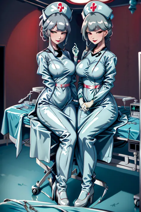 nurse uniform,hospital, latex nurse suit,nurses,busty,elbow gloves,labcoat,grey hair woman,red eyes , gigantic ,medical instrume...