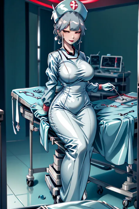 nurse uniform,hospital, latex nurse suit,nurses,busty,elbow gloves,labcoat,grey hair woman,red eyes , gigantic ,medical instrume...