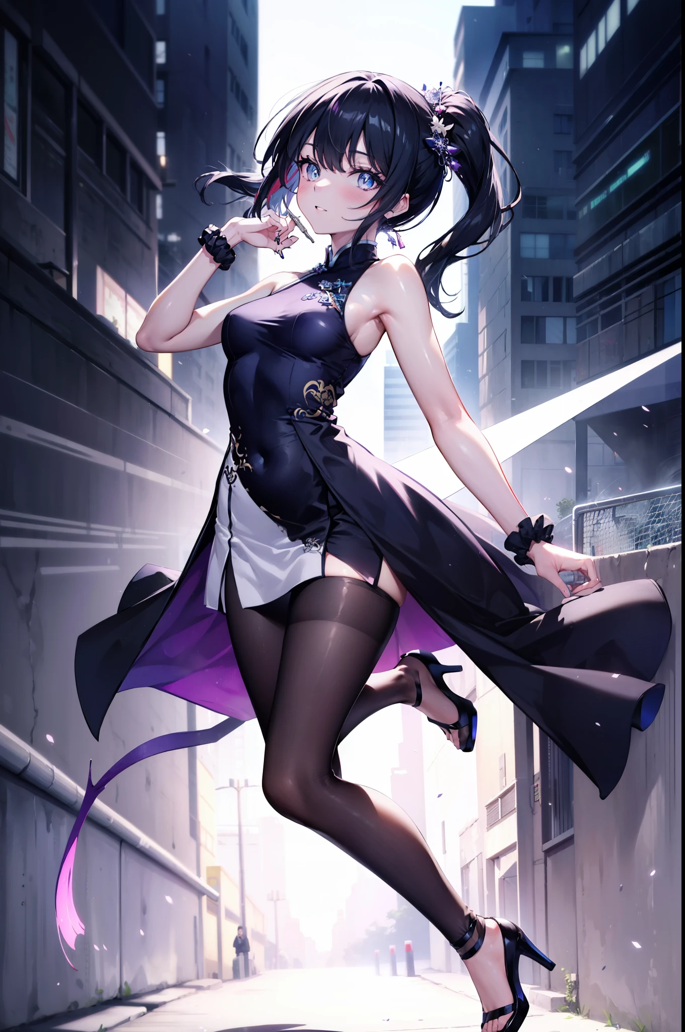 Takada Rokka, rich back lane, Black Hair, blue eyes,semi-long, List scrunchie,smile,blush,Sleeveless purple white Chinese dress,Long slit,Black pantyhose,Stiletto heels,Walking,
break looking at viewer, whole body, 　　　　　　　　break outdoors, Chinese style street,　　　　　　　　　　 　　　break (masterpiece:1.2), Highest quality, High resolution, unity 8k wallpaper, (shape:0.8), (Beautiful and beautiful eyes:1.6), Highly detailed face, Perfect lighting, Highly detailed CG, (Perfect hands, Perfect Anatomy),