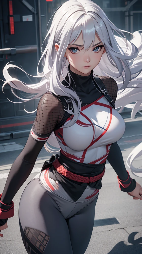 CG, Unity, 8k, wallpaper, Highest quality, masterpiece, Lovely lady, 1, Gray Hair, White skin, break, Ninja Costume, (leggings:1.3), (Realistic:1.2), Complex pupil, Intricate weaving,