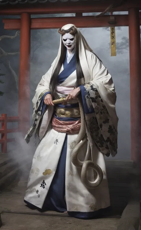 woman,white face,kimono,a large white snake was coiled around his body.,inside the shrine,dim atmosphere,realistic photos、