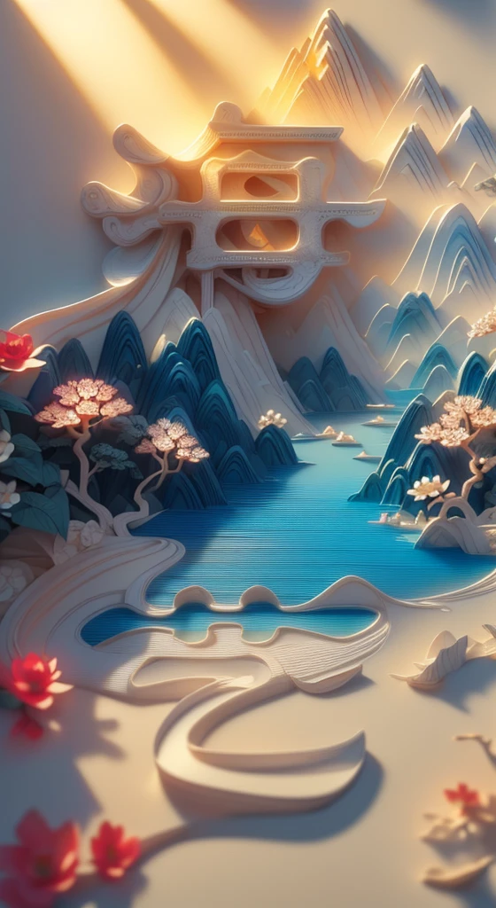 (White background), (The art of math)， (Oriental elements, Chinese color, Advanced color matching), (3D sculpture，Rendered by Octane，Volumetric light，natural soft light), (Super exquisite:1.2, Loss of focus:1.2, Very Colorful, movie lighting, chiaroscuro,Ray tracing), Mountain, river, Tree,flower