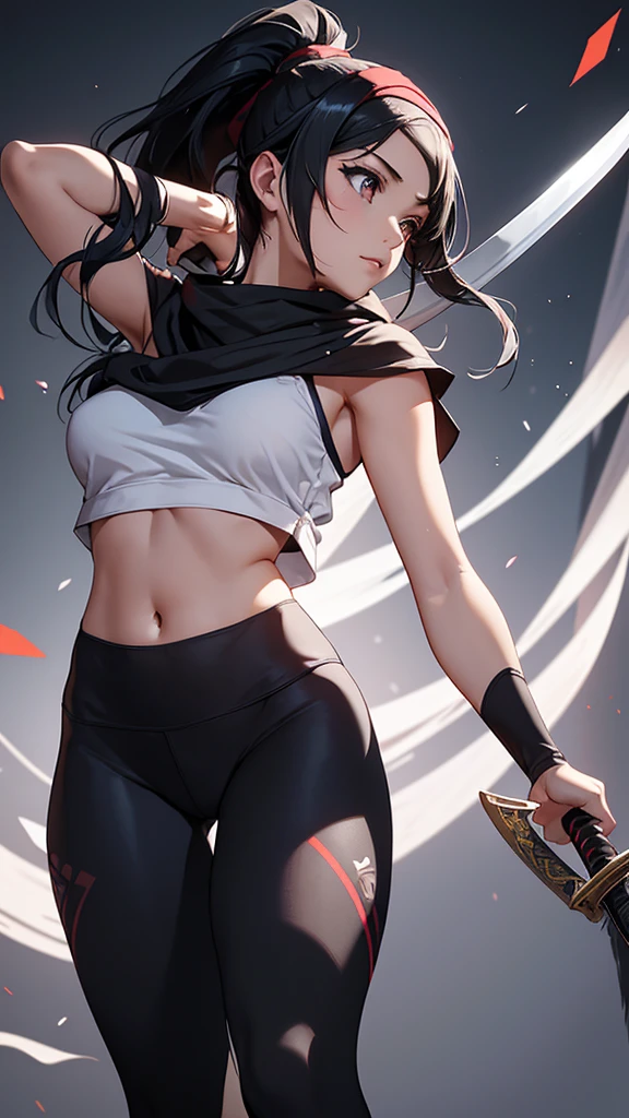 CG, Unity, 8k, wallpaper, Highest quality, masterpiece, Lovely lady, 1, Black Hair, ponytail,White skin, break, Ninja Costume, (leggings:1.3), (Realistic:1.2), Complex pupil, Intricate weaving,bandana,(Holding a sword:1.2)