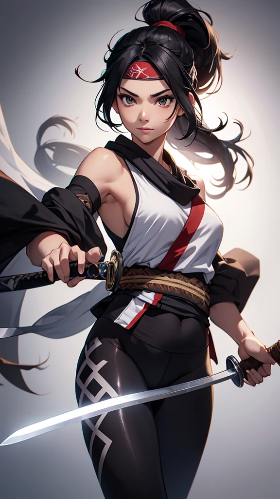 CG, Unity, 8k, wallpaper, Highest quality, masterpiece, Lovely lady, 1, Black Hair, ponytail,White skin, break, Ninja Costume, (leggings:1.3), (Realistic:1.2), Complex pupil, Intricate weaving,bandana,(Holding a sword:1.2)