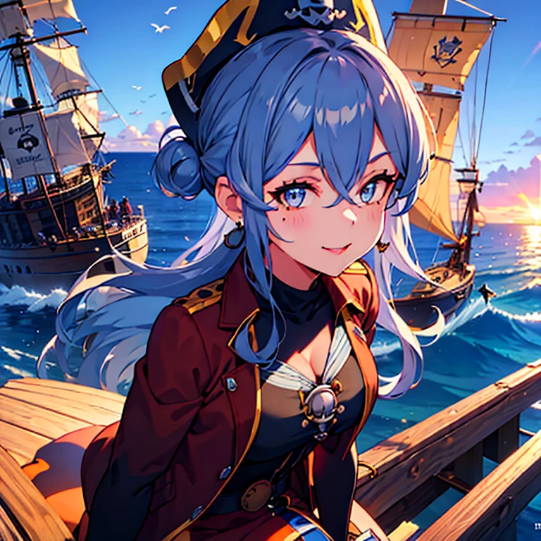 gotland_kantaicollection,
blue_hair, long_hair, mole, mole_under_eye, blue_eyes, hair_between_eyes, smile, hair_bun, blush, breasts, single_hair_bun
,(masterpiece:1.4),(best quality:1.4), (amazing), (great illustration:1.4), (ultra-detailed:1.4), (art CG, 8K),1girl,solo,full body, 
 (pirate costume:1.4)  ,boat in the ocean,