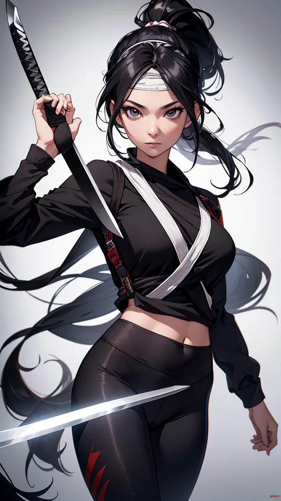 CG, Unity, 8k, wallpaper, Highest quality, masterpiece, Lovely lady, 1, Black Hair, ponytail,White skin, black ninja costume, (leggings:1.3), (Realistic:1.2), Complex pupil, Intricate weaving,bandana,(holding a sword in one hand:1.2)