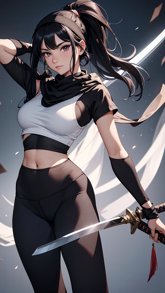 CG, Unity, 8k, wallpaper, Highest quality, masterpiece, Lovely lady, 1, Black Hair, ponytail,White skin, black ninja costume, (leggings:1.3), (Realistic:1.2), Complex pupil, Intricate weaving,bandana,(holding a sword in one hand:1.2)