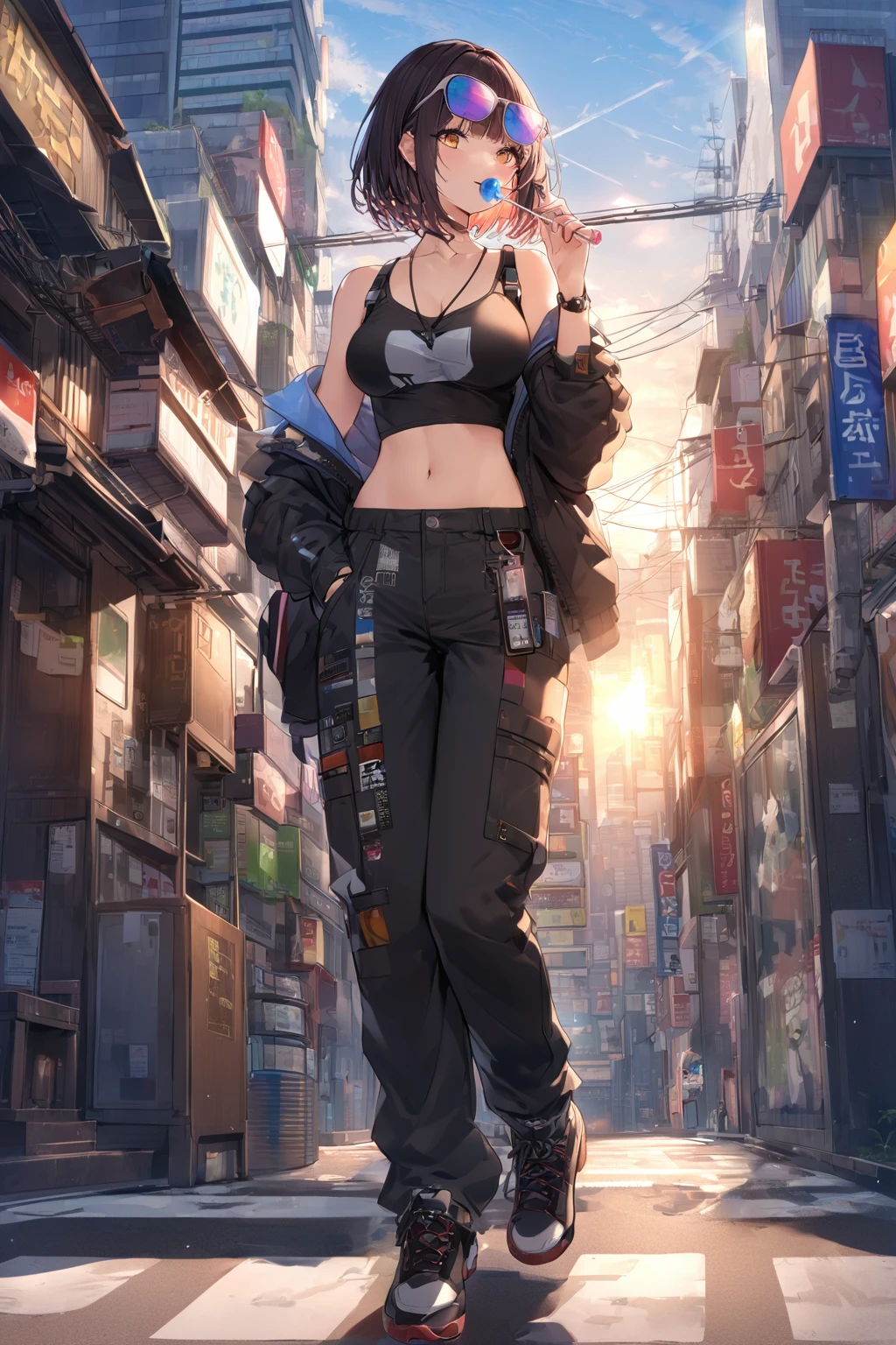 (extremely detailed fine touch:1.3), (((sun glasses:1.3))), (wear silver headphones around neck:0.8), short hair, blunt bangs, 1girl, solo, 2.5d face, full body, standing, sucking lollipop, bare arms, medium breasts, clavicle, cleavage, midriff, off shoulder black shirt, oversize black workpants, black boots, (handling_smart_phone, smart_phone:1.2), extremely detailed tokyo city street,