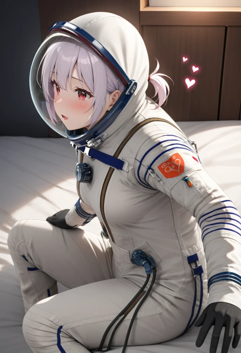 (spacesuit:1.15), white cargo pants, astronaut)bubble helmet, space helmet masturbation, fingering, female_masturbation, grabbing_own_tits, mature_woman, lushing, , looking at the audience, lying , indoors, in bed, bed, masterpiece, best quality, 1girl, solo, red eyes, tits, {{{messy hair:1.6}}}, bangs, white hair, spread legs, sitting, , short hair, twintails, ,(heart sayings:1.2), (from side:1.6)