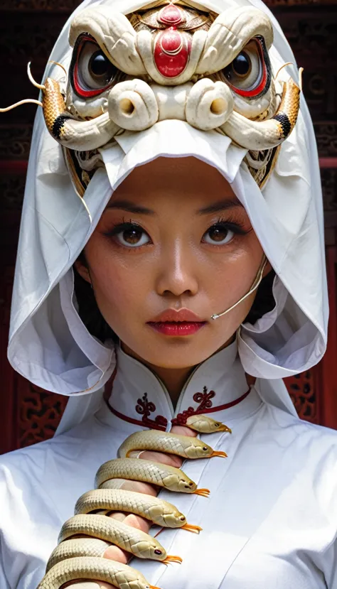 realistic photo, cinematic, gyeongbokgung palace background, wearing a white hood and korean traditional costume, bloodless face...