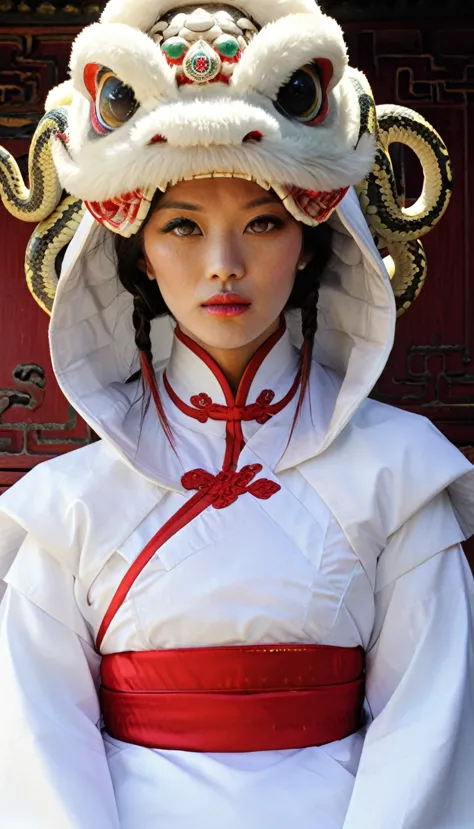 realistic photo, cinematic, gyeongbokgung palace background, wearing a white hood and korean traditional costume, bloodless face...