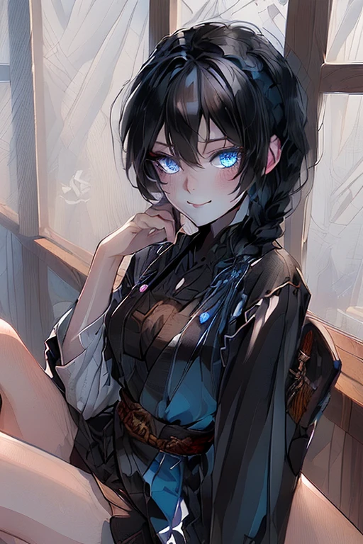 Black-haired girl, braided hair styles, Short hair, very special hair style, fascinating hair style, Elegant hair, captivating blue eyes, fascinating face, Exhausted face, Ahegao, a charming smile, white eyelashes, in the classroom, Single, holding a sword in his right hand, oriental style