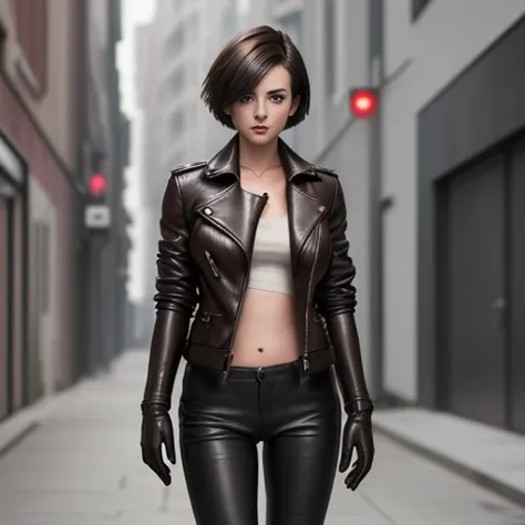 realism, girl 23 years old, brunette, short haircut,  wearing a leather coat, leather skinny pants, leather gloves.