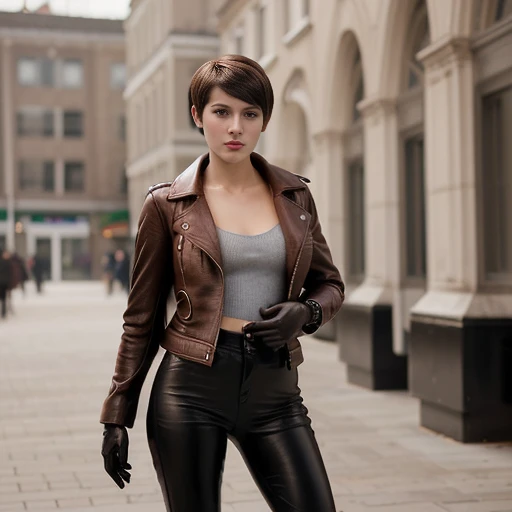 Realism, Girl 23 years old, brunette, short haircut,  wearing a leather coat, leather skinny pants, leather gloves. 