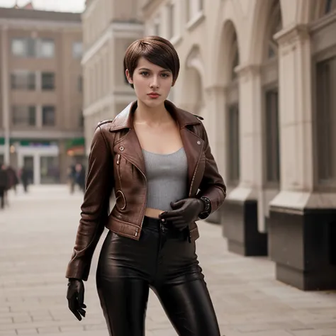 realism, girl 23 years old, brunette, short haircut,  wearing a leather coat, leather skinny pants, leather gloves.