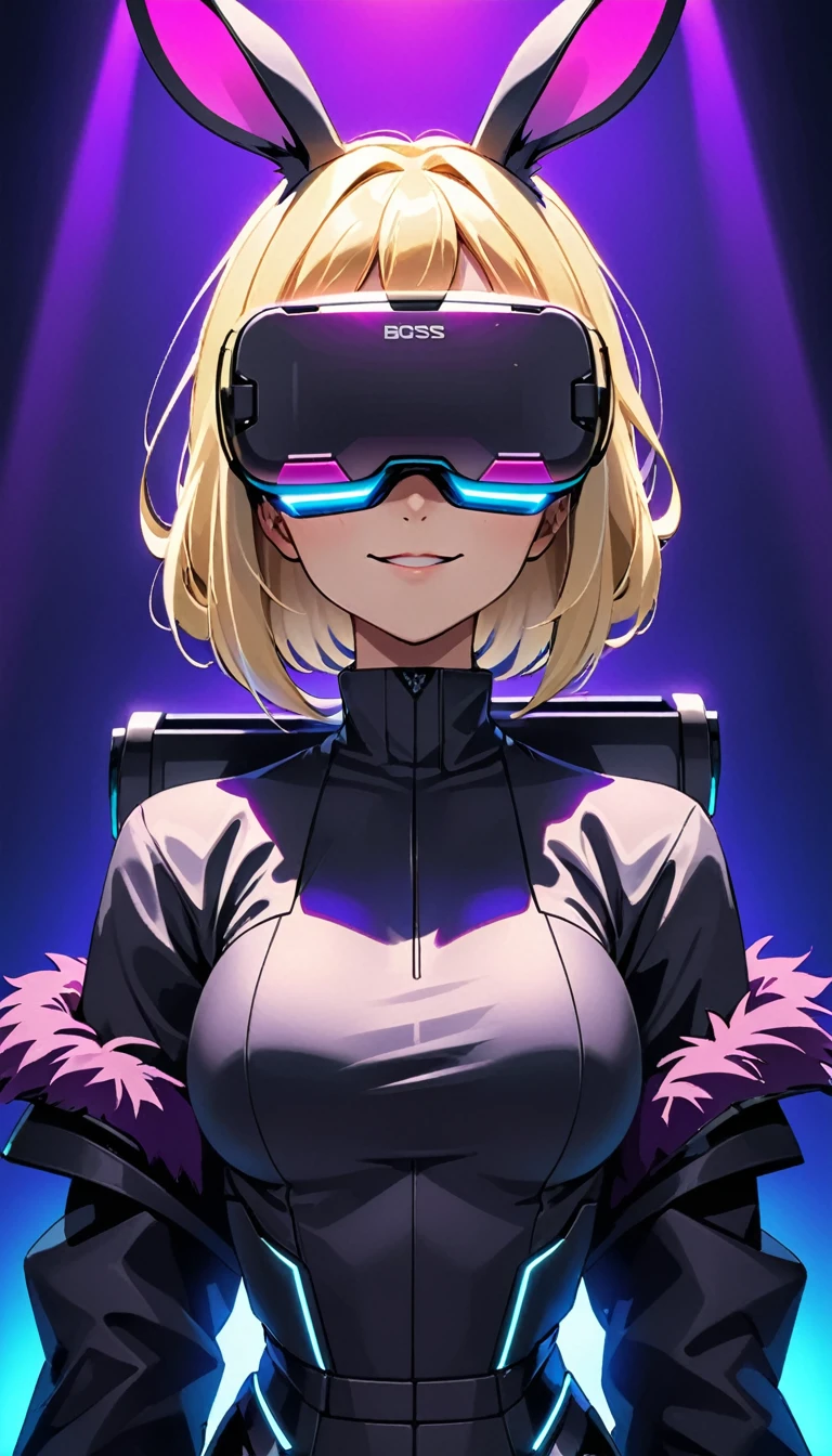 1 rabbit, dark purple fur, blonde hair, smirk.,Wear VR glasses ,Look at the viewer directly in front of you.,RGB color set,Sci-fi robot tone neon ,Boss,Neon light on stage,speaking with determination,Clear picture, picture of only 1 person
