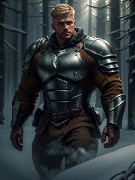 1 man, inside the snowy forest, wearing armor, detailed facial features, beautiful light and masculine eyes, detailed light skin...