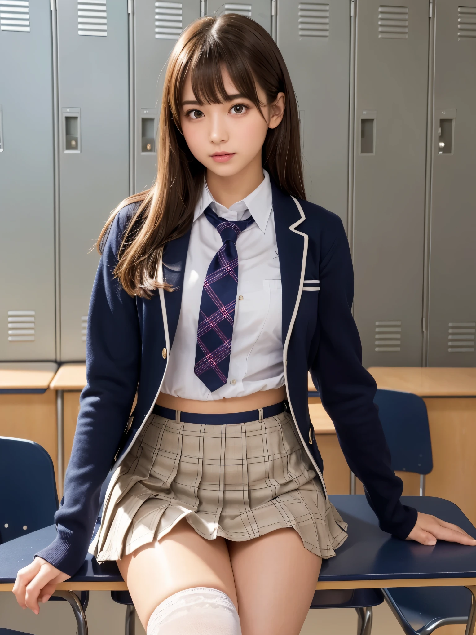 masterpiece,Highest quality,Very detailed,High resolution,(Realistic, photoRealistic:1.37),Excellent anatomy, One beautiful woman,20-year-old,Height: 152cm,high school girl,Crying a little,Gravure idol, high school girlの制服,blazer,(shape),Checkered Pleated Micro Mini Skirt,Navy blue knee-high socks,garter belt,huge,Disheveled uniform,((Very delicate and beautiful)),((High school classroom,locker room,Schoolyard:1.2)),Brown Hair,Long Bob Hair,bangs,Very beautiful face,Cute type,Big Natural Color Lip,Small and cute nose,Big and pretty eyes,Brown eyes,Obvious double,Shiny highlight spots around the eyes,Character Focus,Tilt your head,The best light,Best Shadow,mysterious,Perfect Face,Very detailed, Soft Skin,(Glowing Skin, Sweaty: 1.3),Beautiful feet,Voluptuous thighs,Plump body,hugeな胸,(Expresses the roundness and softness of the chest area.........1), Beautiful body,(The perfect woman),Bold sexy pose,Gravure idolのポーズ