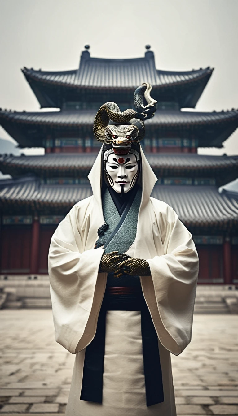 Realistic photo, cinematic, Gyeongbokgung Palace background, wearing a white hood in traditional Korean clothing, wearing a traditional Korean mask, snake wrapped around the body, detailed skin expression, dark atmosphere, intricate details, full body shot