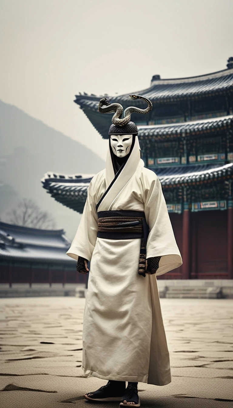 Realistic photo, cinematic, Gyeongbokgung Palace background, wearing a white hood in traditional Korean clothing, wearing a traditional Korean mask, snake wrapped around the body, detailed skin expression, dark atmosphere, intricate details, full body shot