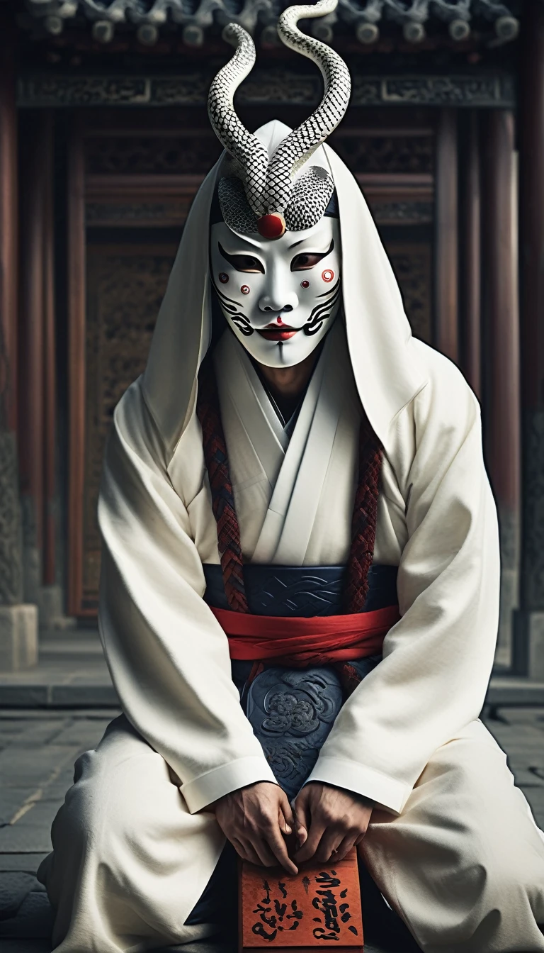 Realistic photo, cinematic, Gyeongbokgung Palace background, wearing a white hood in traditional Korean clothing, wearing a traditional Korean mask, snake wrapped around the body, detailed skin expression, dark atmosphere, intricate details, full body shot