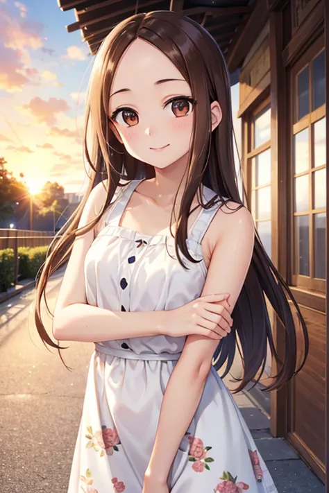 takagi-san、shiny brown hair, long hair,((medium chest、forehead、center part))、 beautiful brown eyes、smile、sparkling eyes, (fine g...