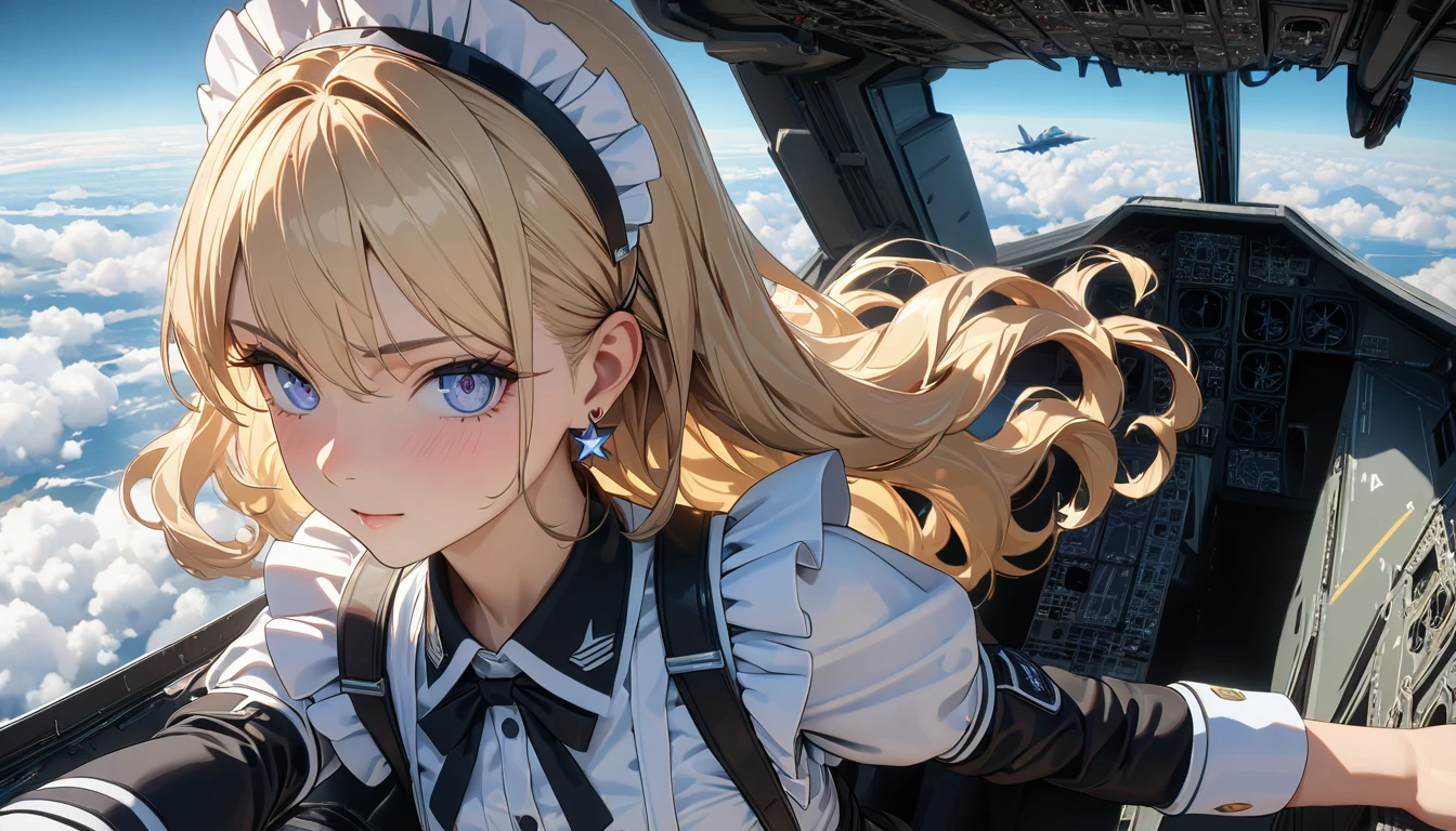 ((best quality)), ((masterpiece)), (detailed), perfect face, ((Best quality, 8k, Masterpiece: 1.3)), Sharp focus, Highly detailed face and skin texture, Detailed eyes, Light blonde, shoulder-length, wavy hair, star earrings, A maid costume with frills, white brim, high resolution, Textured skin, anime style, A maid boarding a fighter jet, maids acting as pilots, inside the cockpit, Air Force, Flying above the clouds