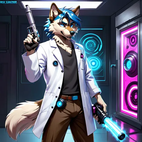 sexy wolf, male, furry, blue white, and fuchsia, rick sanchez, black eyes, blue hair, white lab coat, brown pants, holding one o...