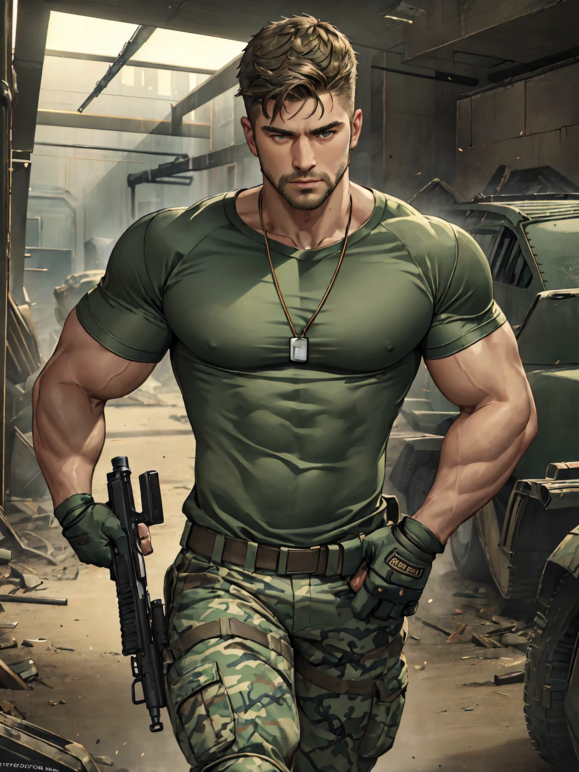 realistic, masterpiece, best quality, cinematic lighting, soft shadow, insane detail, detailed background, professional photography, depth of field, intricate, detailed face, subsurface scattering, realistic hair, realistic eyes, muscular, masculine, photo of a handsome man, indoors, destroyed city, post apocalyptic, camouflage pants, beard, (20 year old), dynamic pose, holding gun, assault rifle, fingerless gloves,Long legs， manly, (green t-shirt), dog tag,