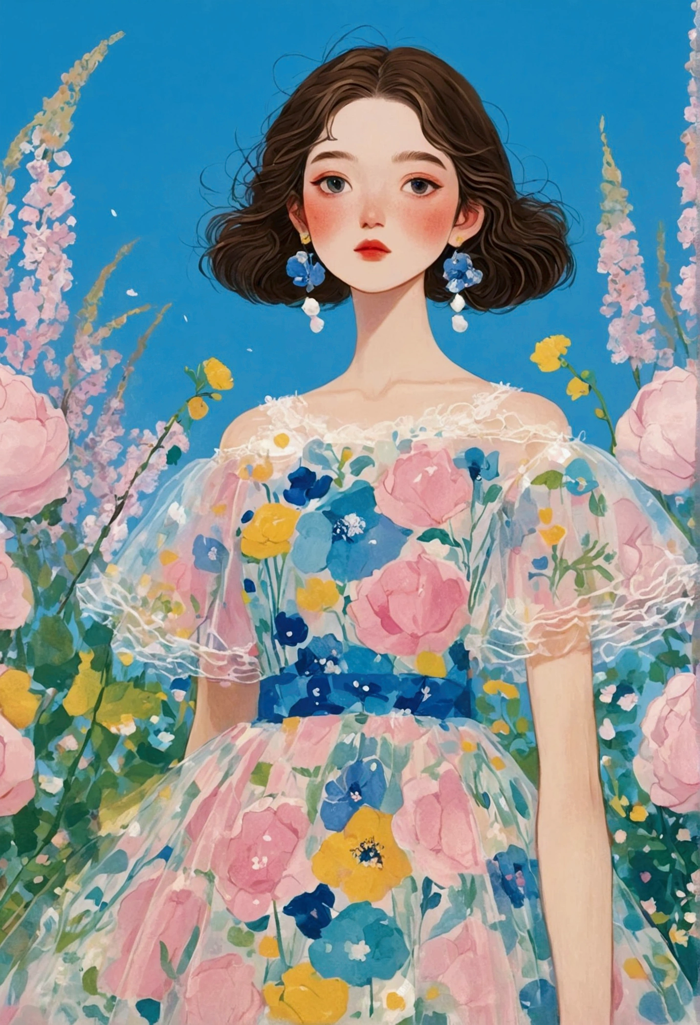 The painting shows a woman in a dress standing among flowers,Fluffy tulle skirt， Popular trends on artstration, 一幅美丽的艺术illustration, Beautiful digital illustrations, 彩色illustration, author：Golden Farmer, 详细的时装illustration, Wearing a floral dress, Porcelain skin. Studio Ghibli, illustration, Mei Qing, 创辉illustration, Fantasy illustrations, author：unbelievable