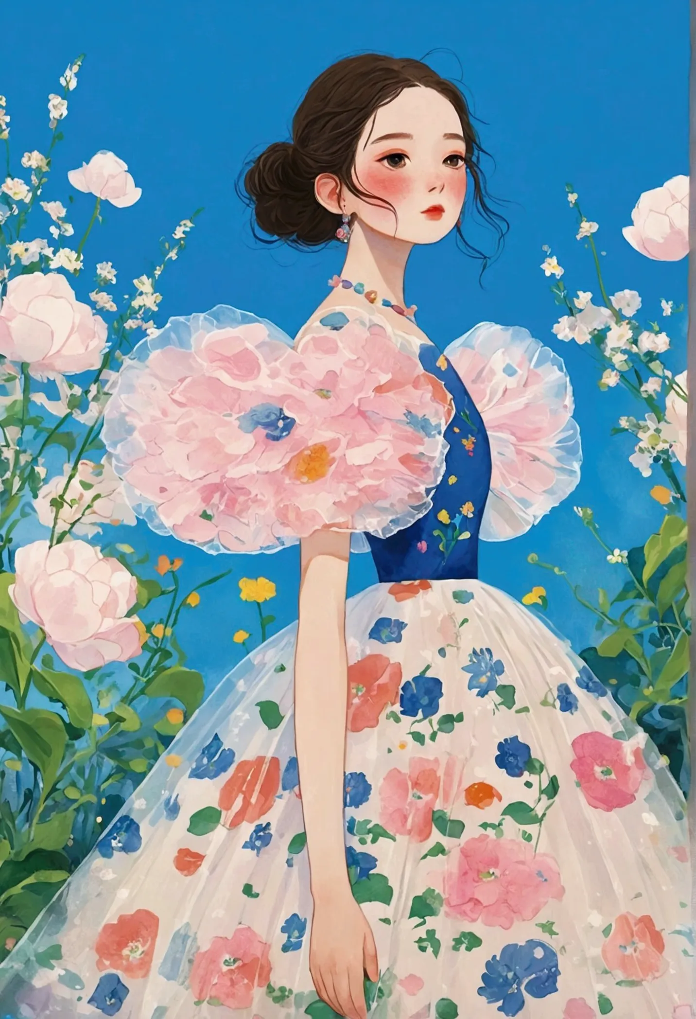 the painting shows a woman in a dress standing among flowers,fluffy tulle skirt， popular trends on artstration, 一幅美丽的艺术illustrat...