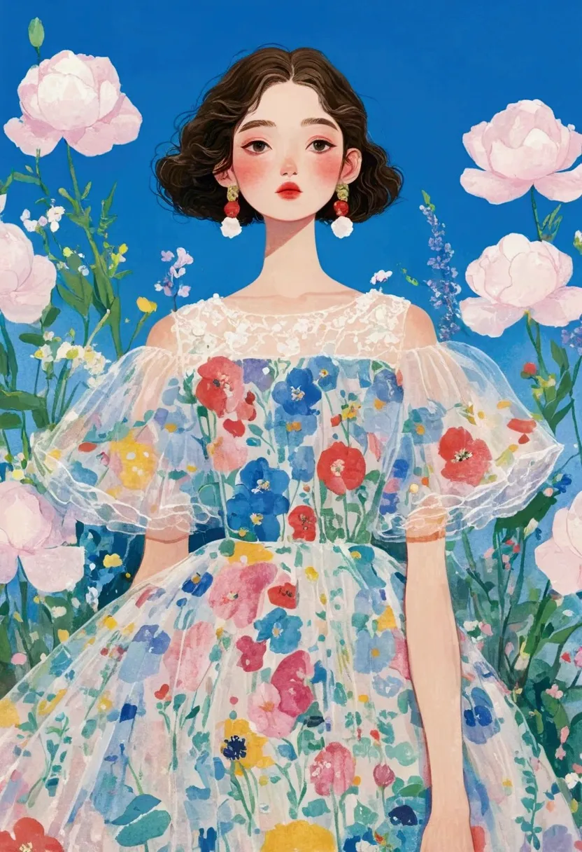 the painting shows a woman in a dress standing among flowers,fluffy tulle skirt， popular trends on artstration, 一幅美丽的艺术illustrat...