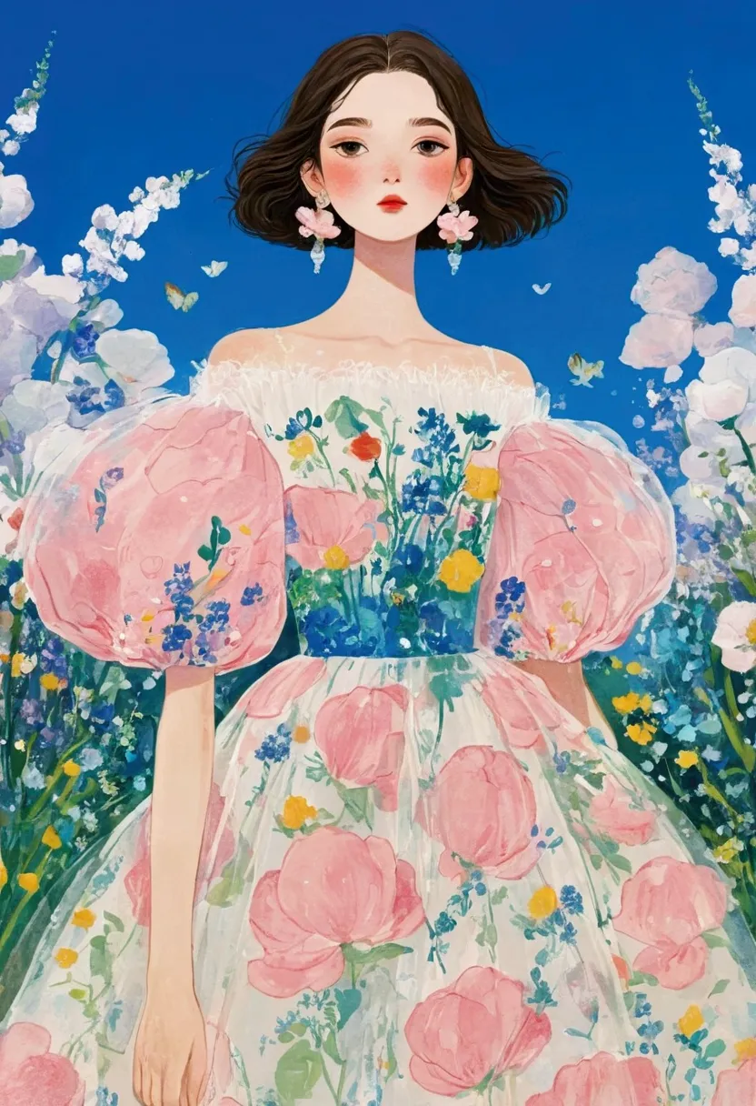 the painting shows a woman in a dress standing among flowers,fluffy tulle skirt， popular trends on artstration, 一幅美丽的艺术illustrat...