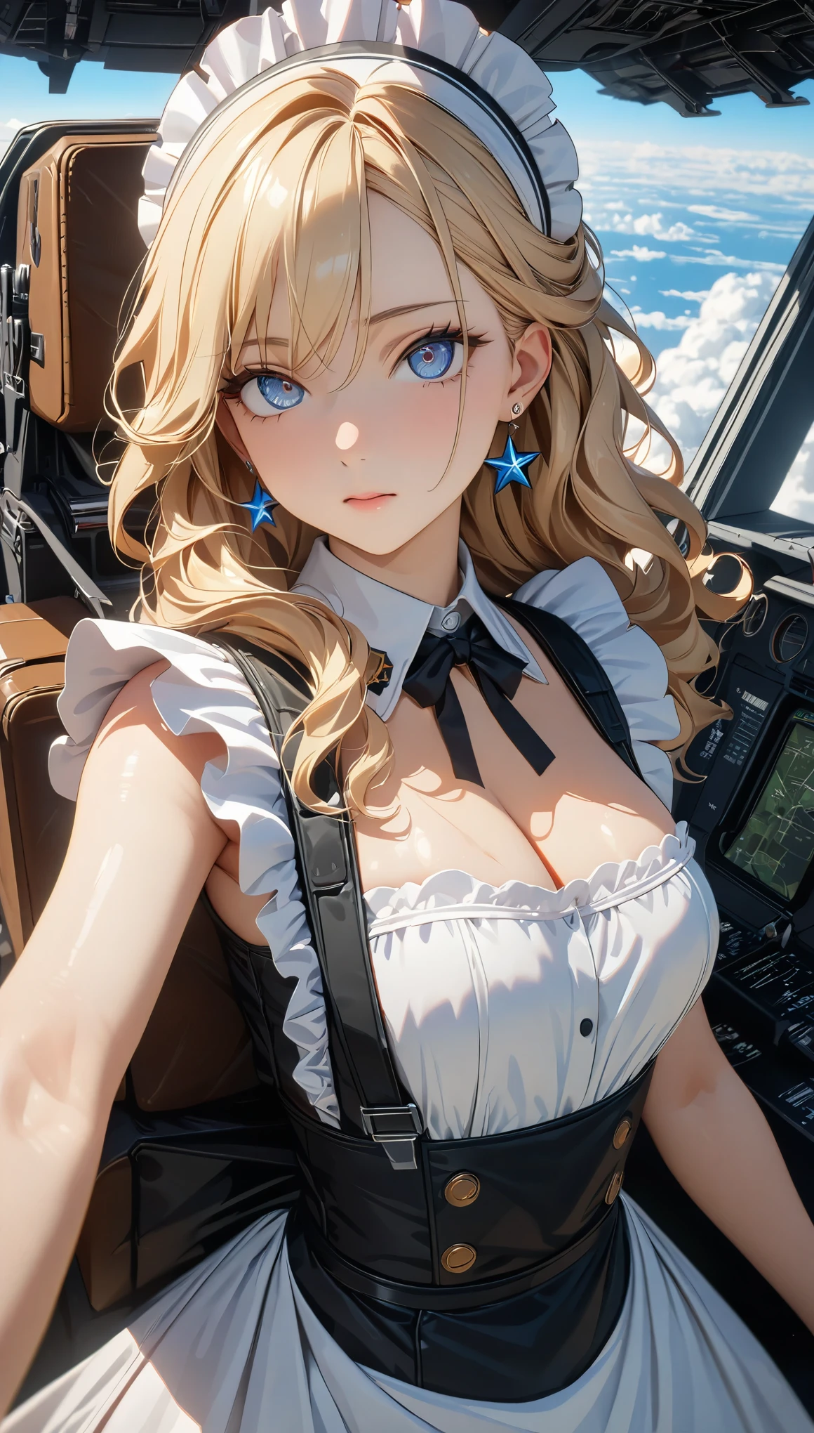 ((best quality)), ((masterpiece)), (detailed), perfect face, ((Best quality, 8k, Masterpiece: 1.3)), Sharp focus, Highly detailed face and skin texture, Detailed eyes, Light blonde, shoulder-length, wavy hair, star earrings, A maid costume with frills, white brim, high resolution, Textured skin, anime style, A maid boarding a fighter jet, maids acting as pilots, inside the cockpit, Air Force, Flying above the clouds