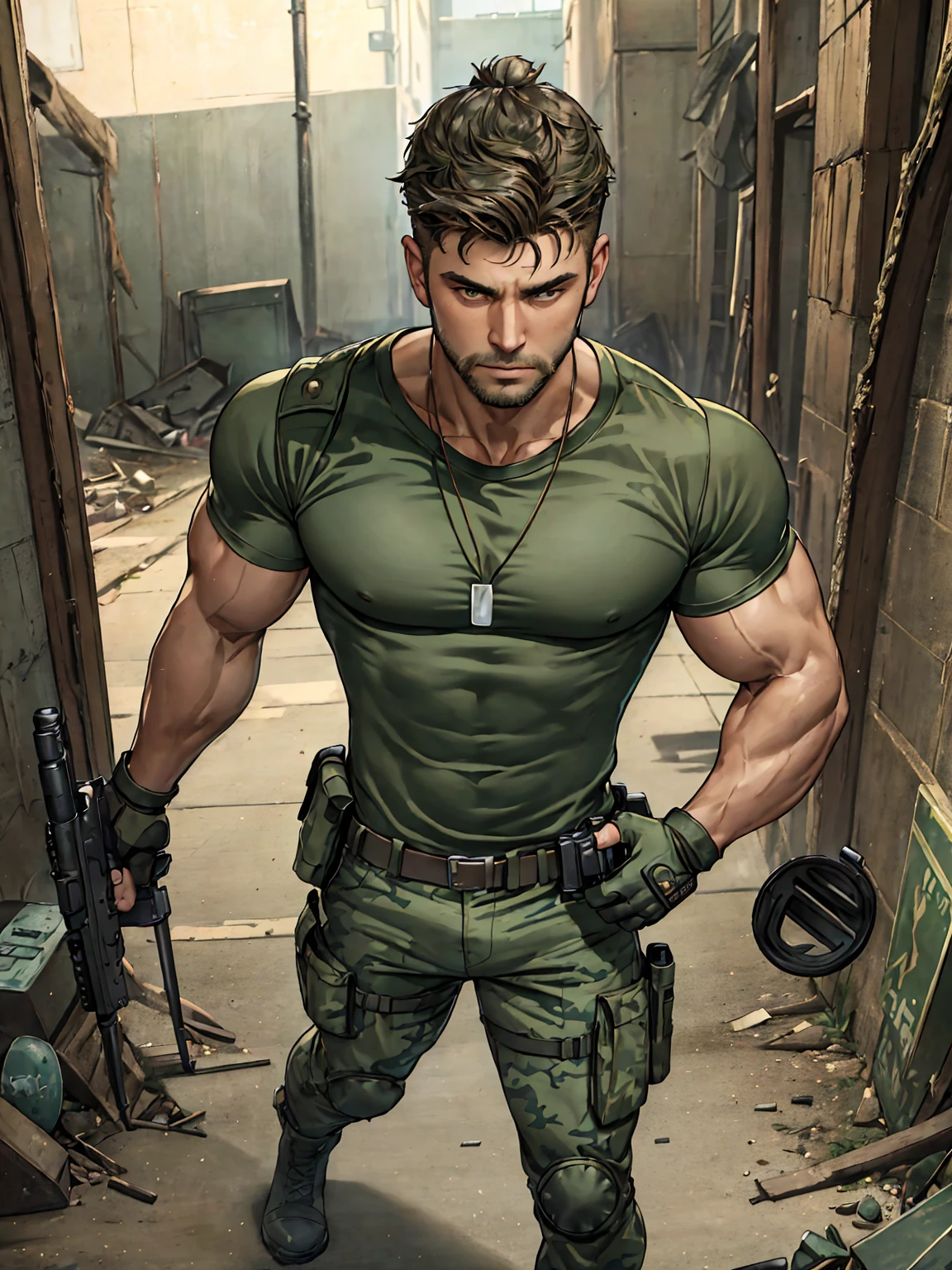 realistic, masterpiece, best quality, cinematic lighting, soft shadow, insane detail, detailed background, professional photography, depth of field, intricate, detailed face, subsurface scattering, realistic hair, realistic eyes, muscular, masculine, photo of a handsome man, indoors, destroyed city, post apocalyptic, camouflage pants, beard, (20 year old), dynamic pose, holding gun, assault rifle, fingerless gloves,Long legs， manly, (green t-shirt), dog tag,